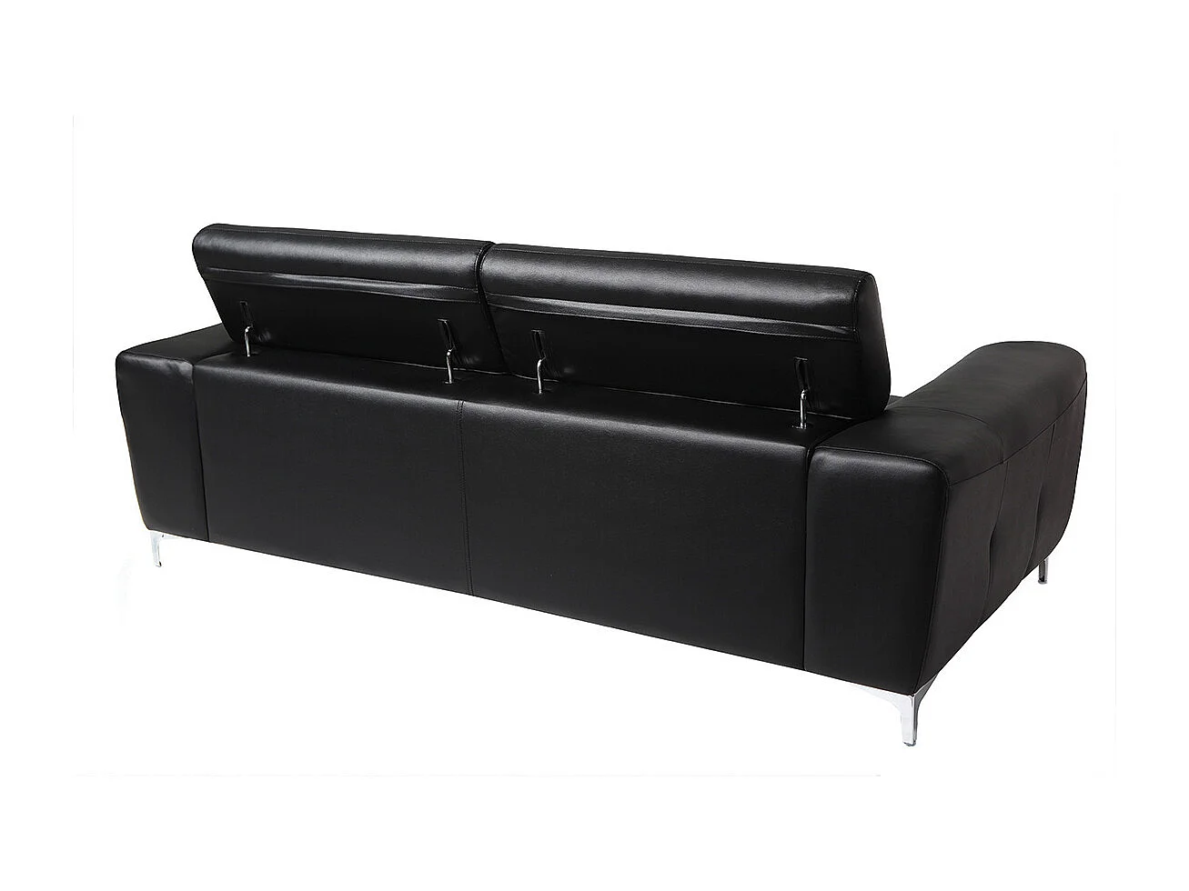 Canapé design avec têtières ajustables 3 places en cuir noir et acier chromé NEVADA