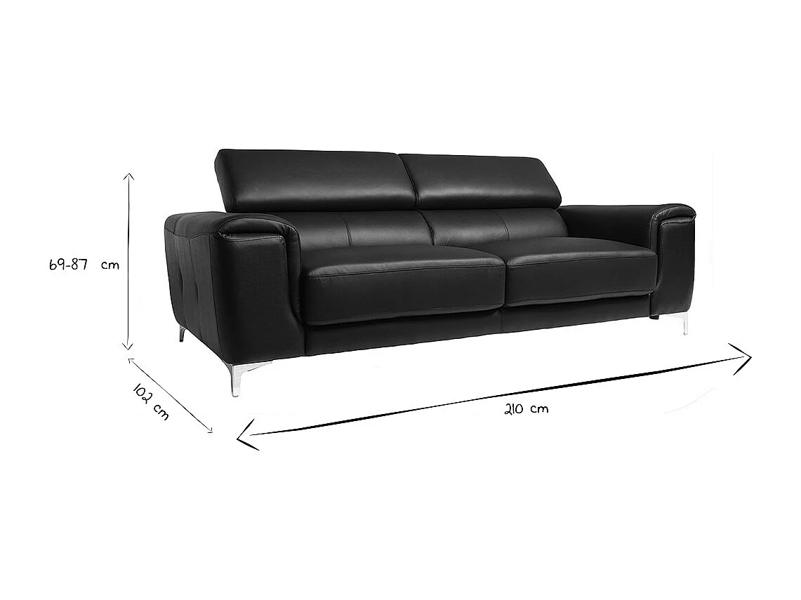 Canapé design avec têtières ajustables 3 places en cuir noir et acier chromé NEVADA