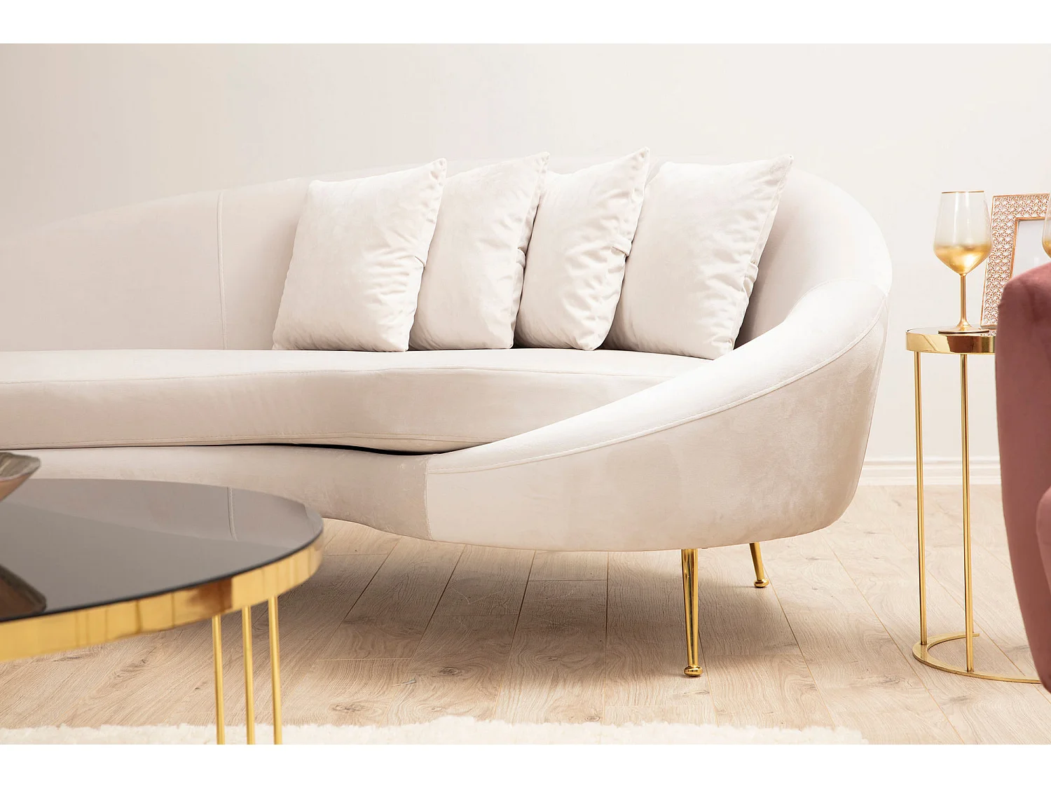 Canapé 3 places tissu beige arrondi coté droit Tazany 255cm