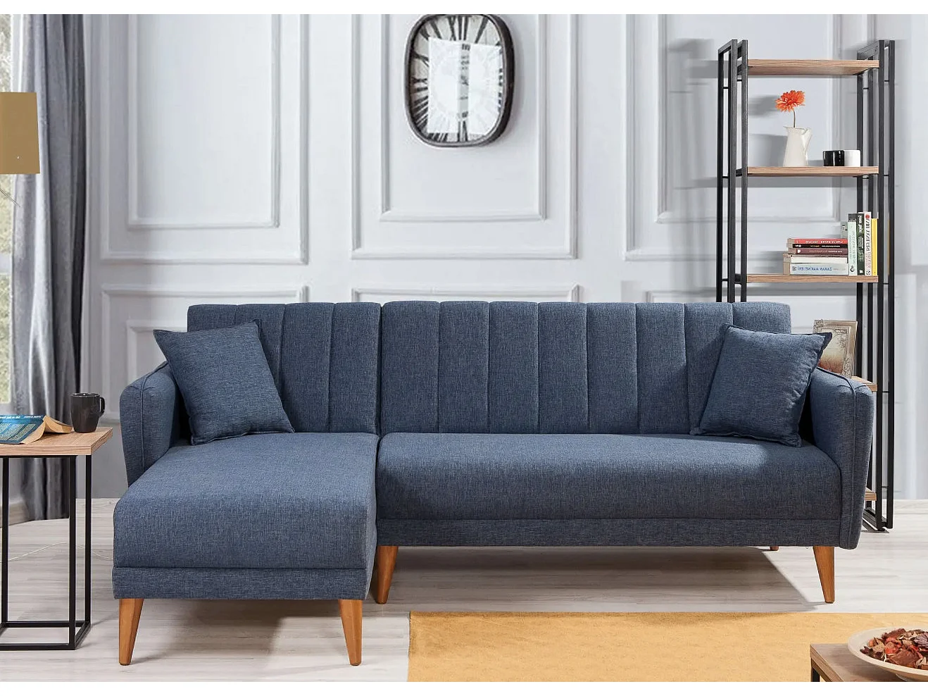 Canapé d'angle à gauche convertible lin bleu foncé Bompart 225cm