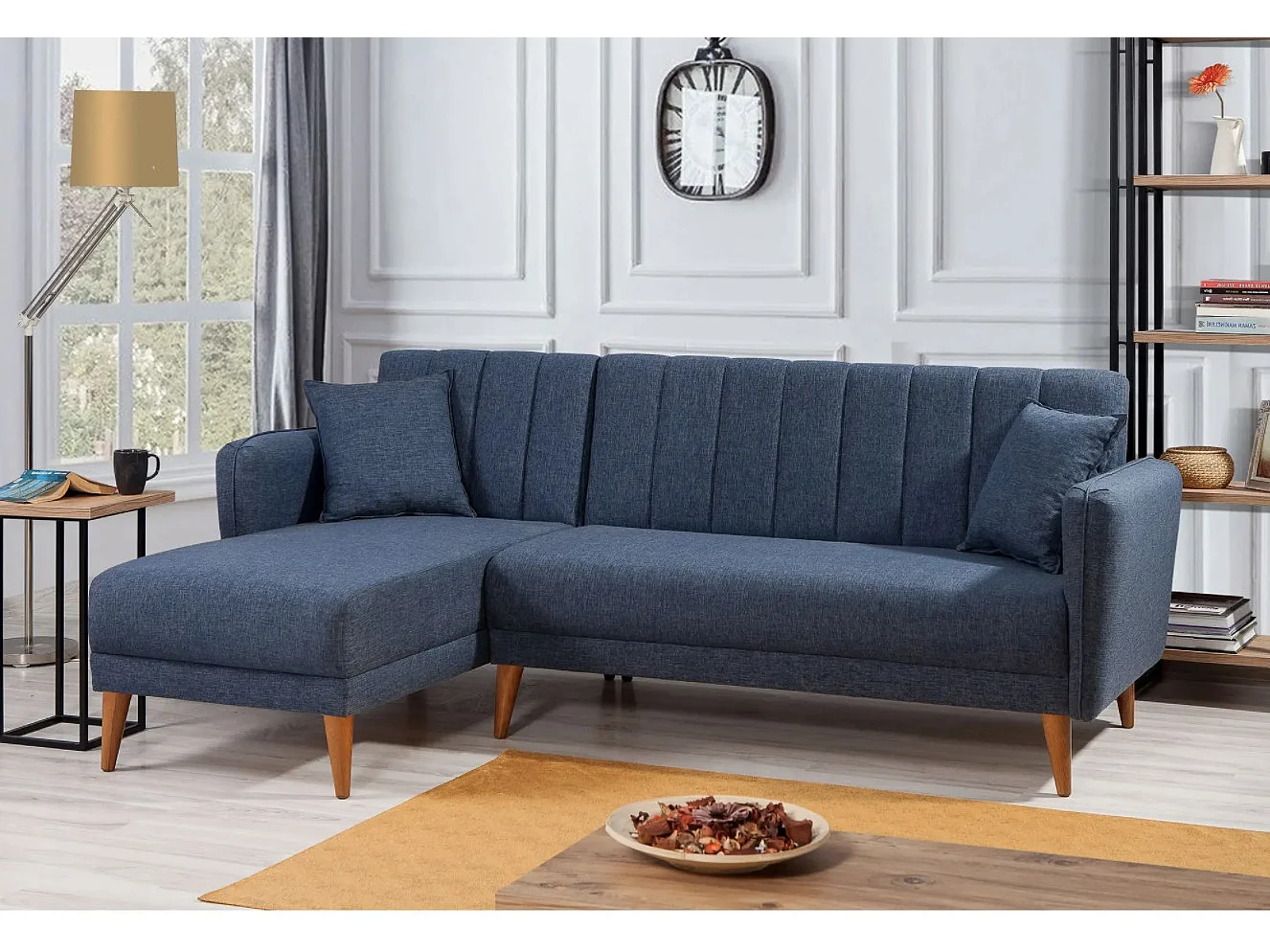 Canapé d'angle à gauche convertible lin bleu foncé Bompart 225cm