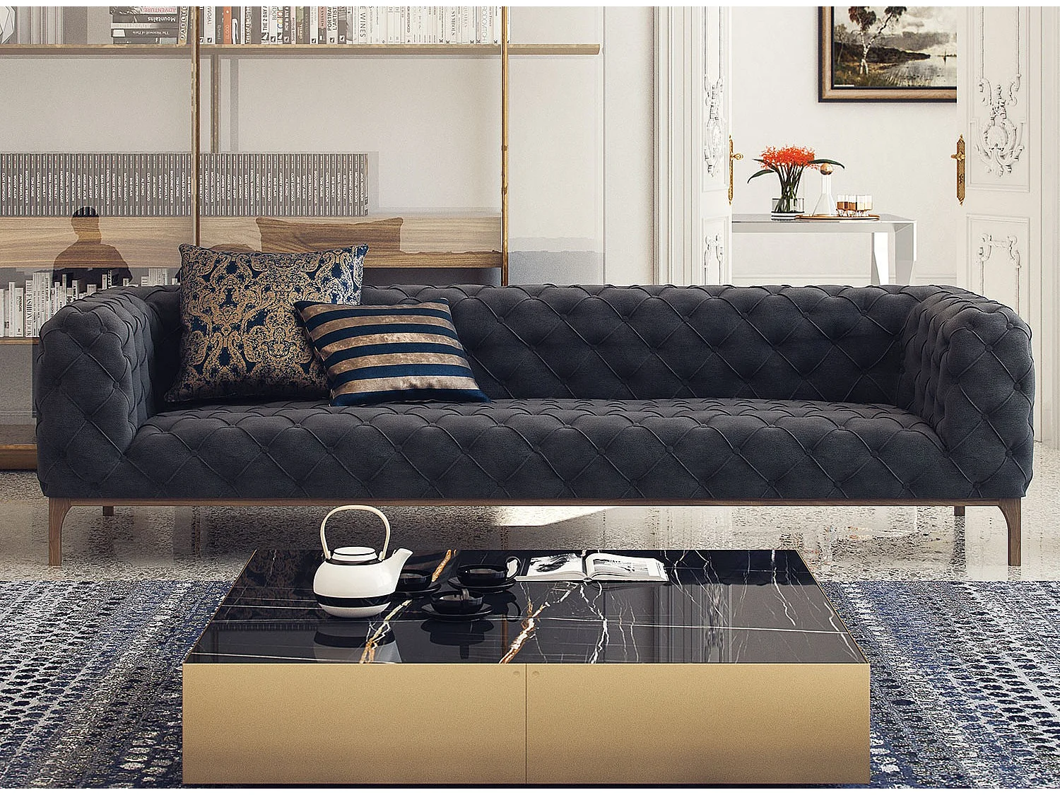 Canapé velours capitonné gris foncé Modani-3 places