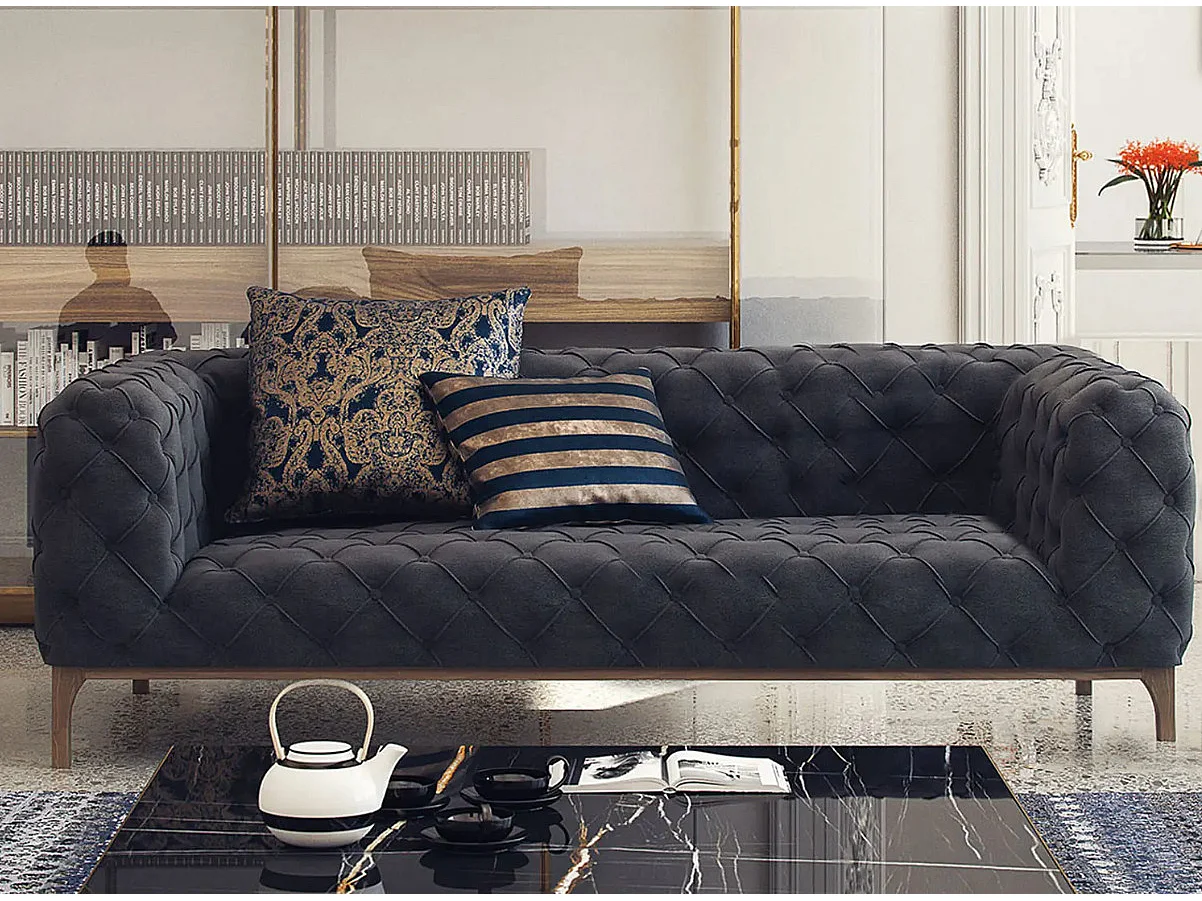 Canapé velours capitonné gris foncé Modani-3 places