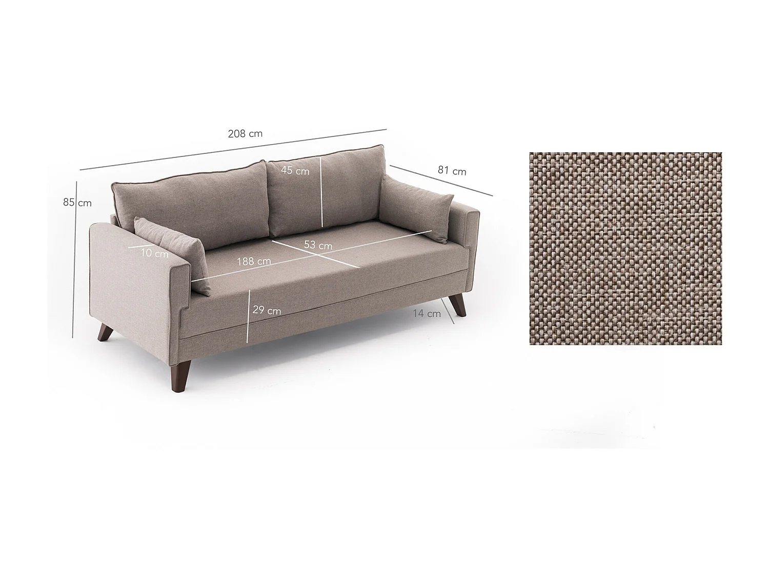 Canapé 3 places tissu beige Kandy 208cm