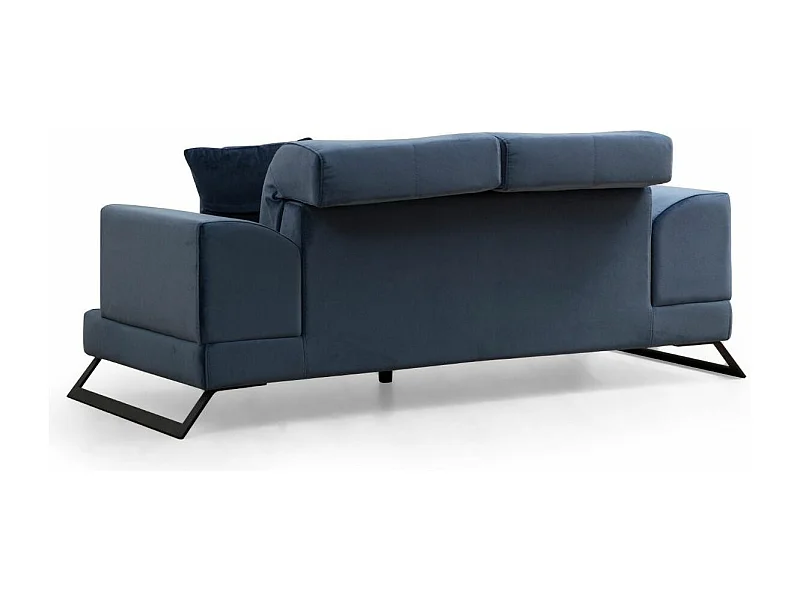 Canapé 2 places velours bleu avec têtières relevables et pieds metal noir Briko 185cm