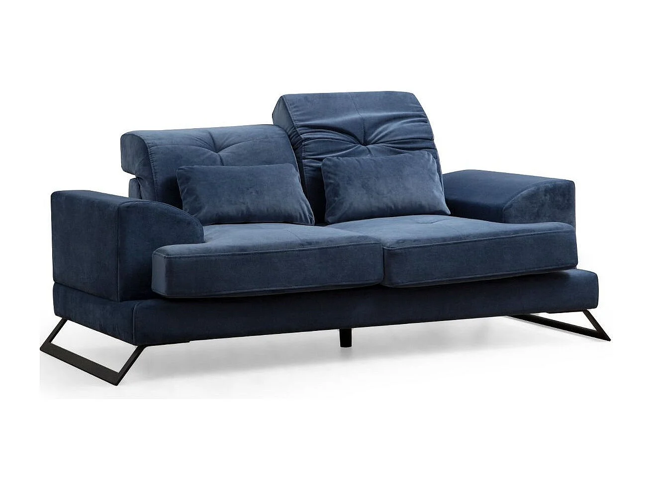 Canapé 2 places velours bleu avec têtières relevables et pieds metal noir Briko 185cm
