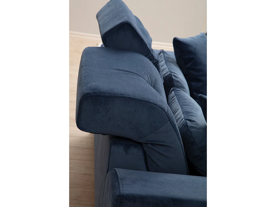 Canapé 2 places velours bleu avec têtières relevables et pieds metal noir Briko 185cm