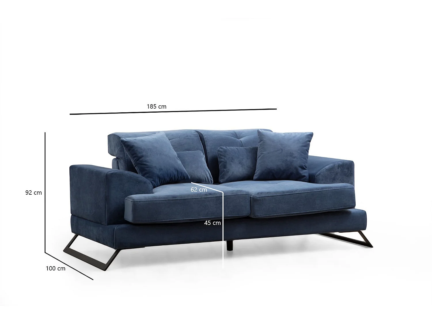 Canapé 2 places velours bleu avec têtières relevables et pieds metal noir Briko 185cm