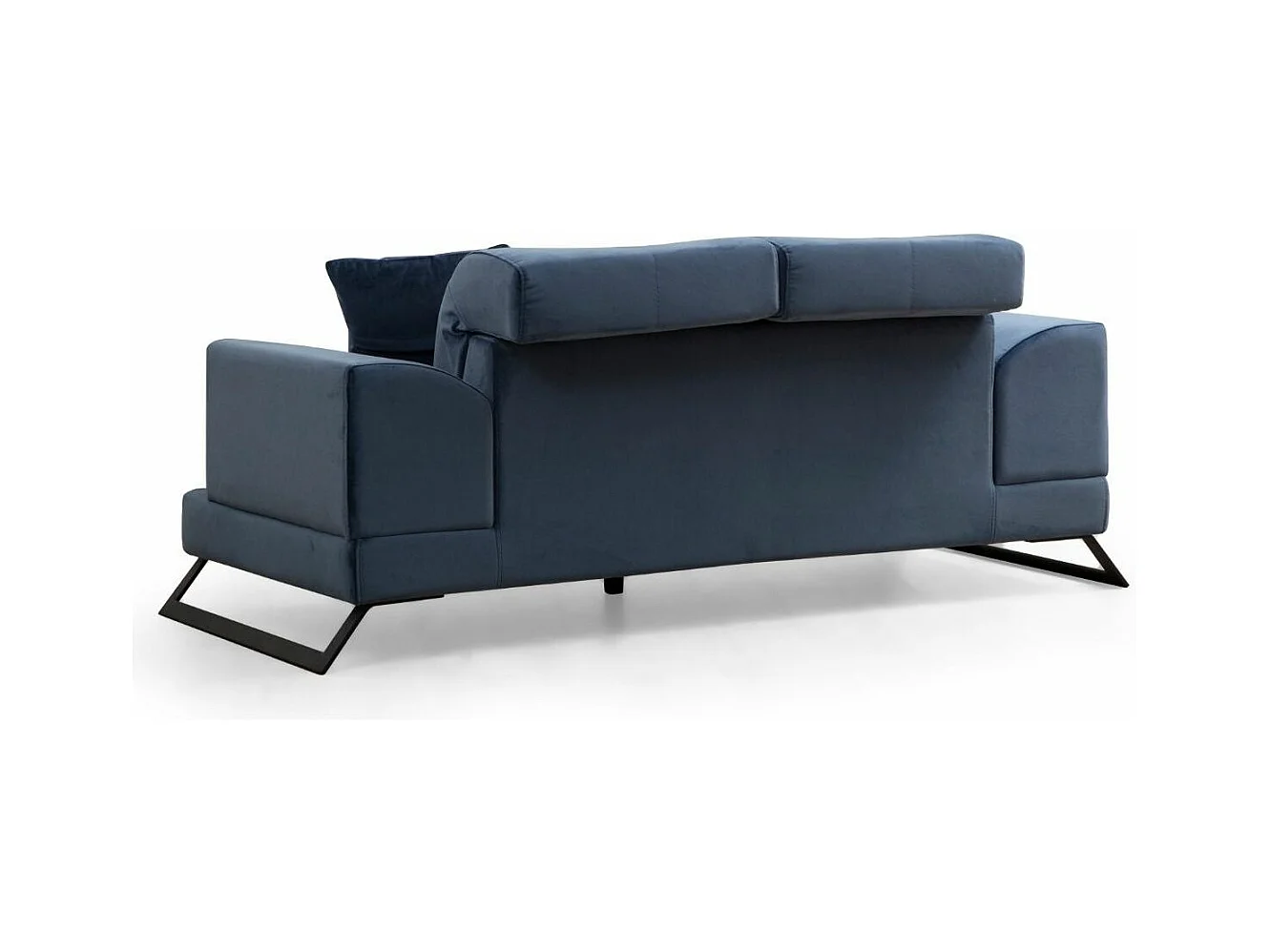 Canapé 2 places velours bleu avec têtières relevables et pieds metal noir Briko 185cm