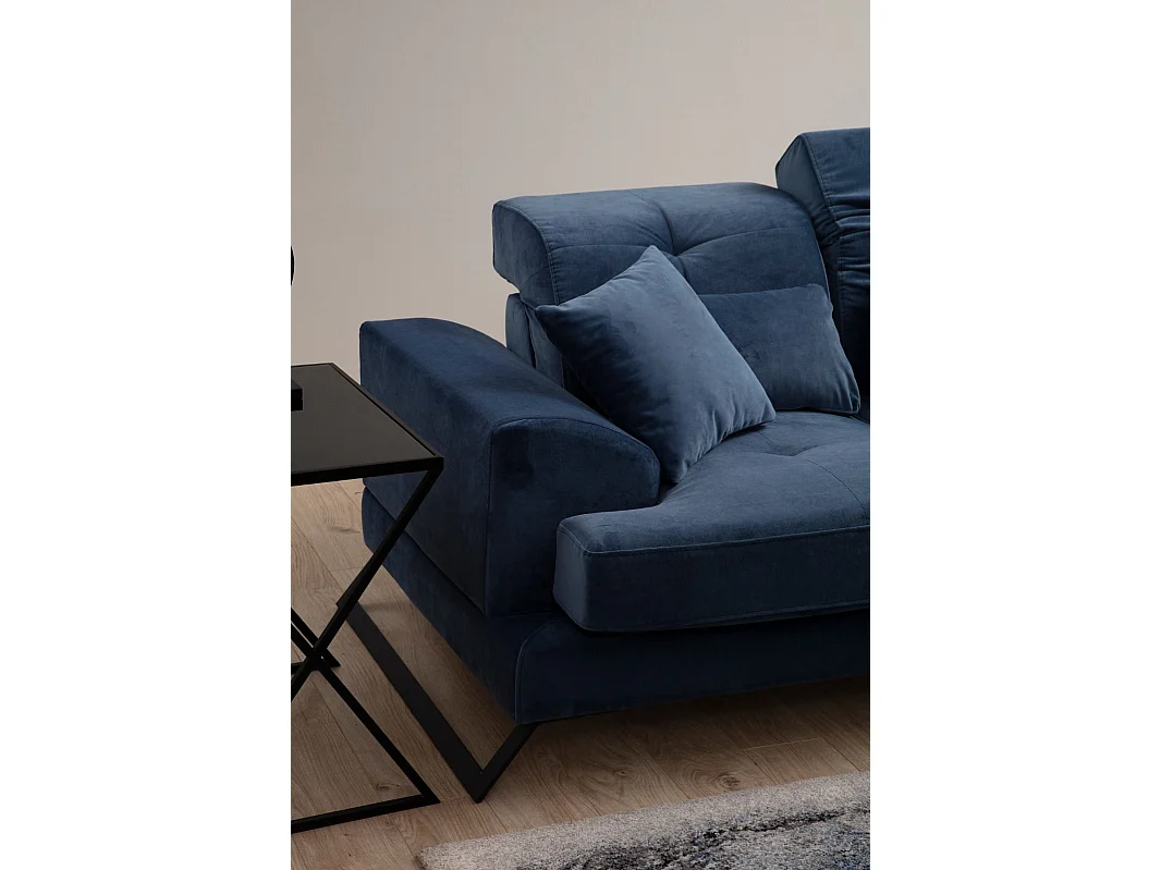 Canapé 2 places velours bleu avec têtières relevables et pieds metal noir Briko 185cm