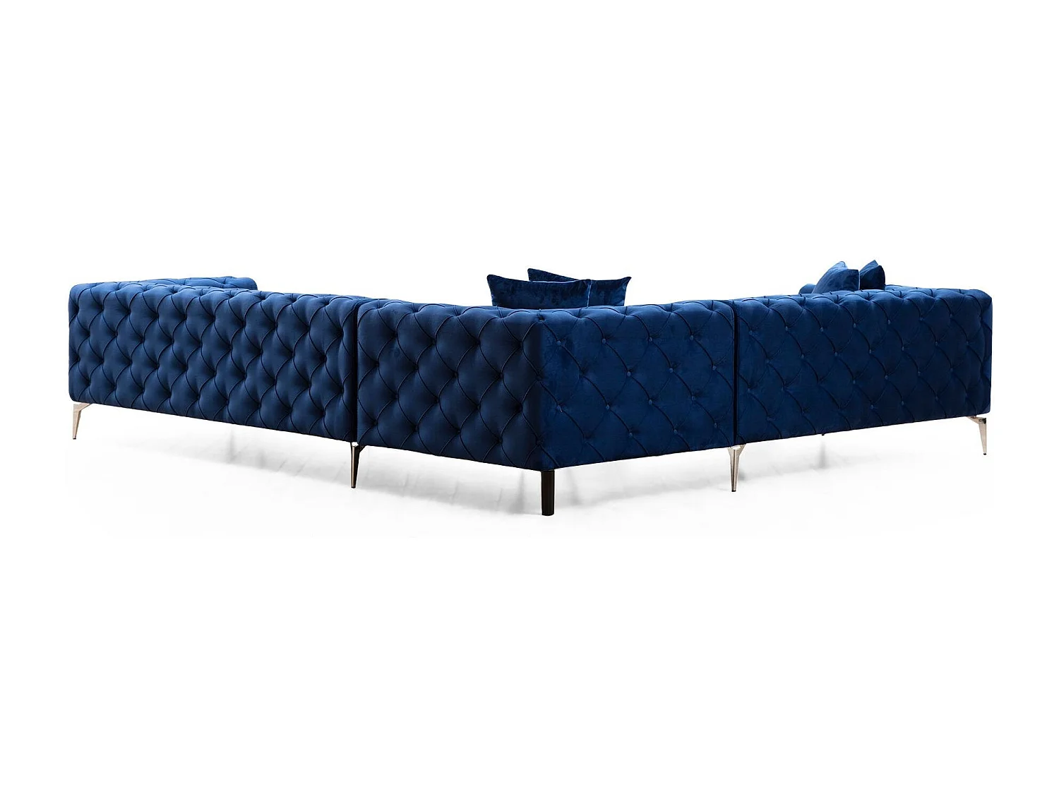 Canapé d'angle droit capitonné velours bleu marine et pieds chromés Herakles 270cm