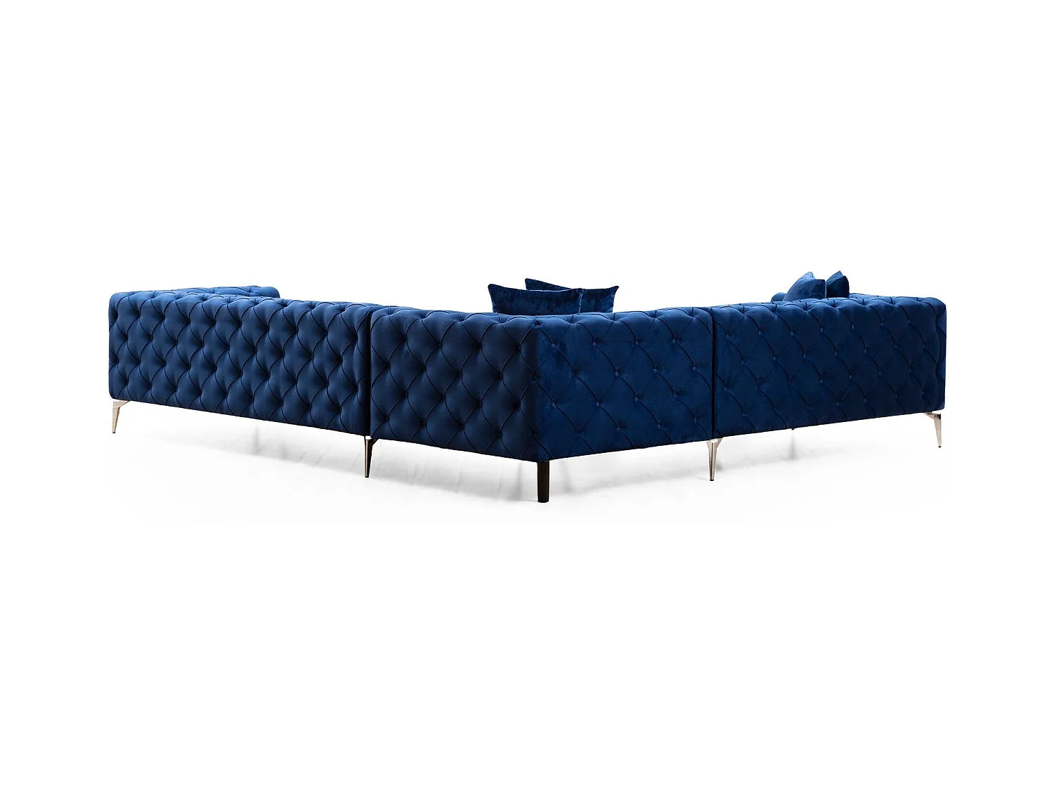 Canapé d'angle droit capitonné velours bleu marine et pieds chromés Herakles 270cm