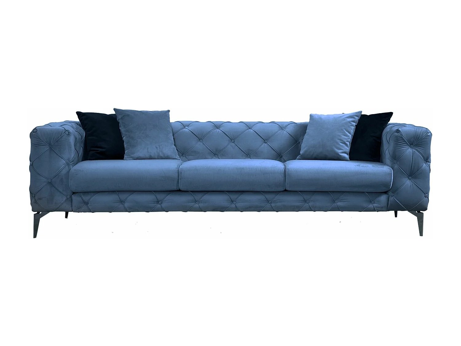 3-zitsbank bekleed met blauw fluweel en zwarte houten poten Herakles 237 cm