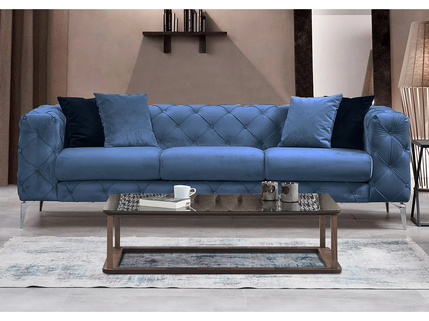 3-zitsbank bekleed met blauw fluweel en zwarte houten poten Herakles 237 cm