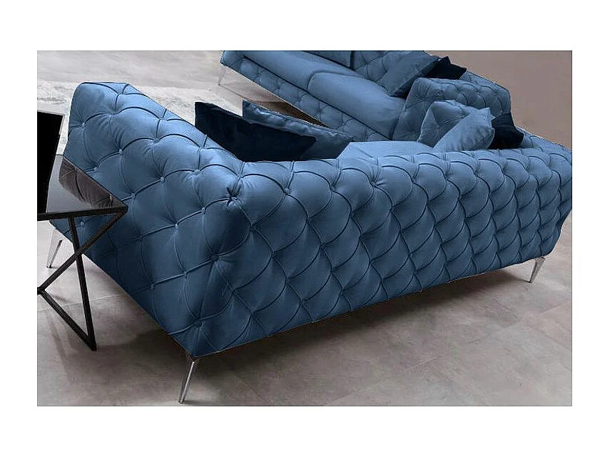 3-zitsbank bekleed met blauw fluweel en zwarte houten poten Herakles 237 cm