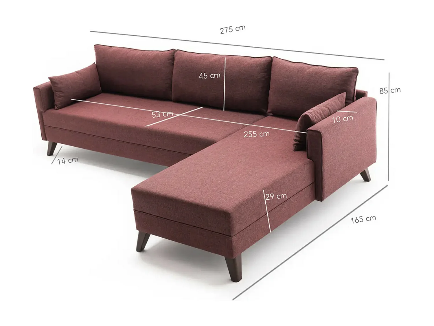 Canapé d'angle droit 5 places tissu bordeaux Kandy 275cm