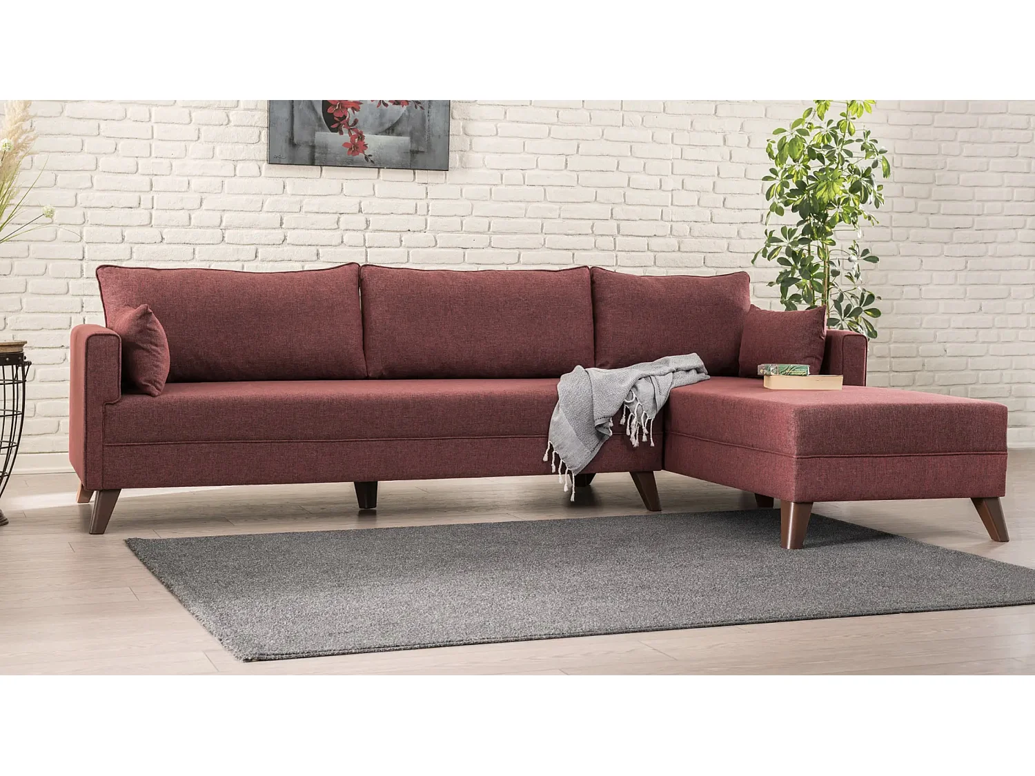 Canapé d'angle droit 5 places tissu bordeaux Kandy 275cm