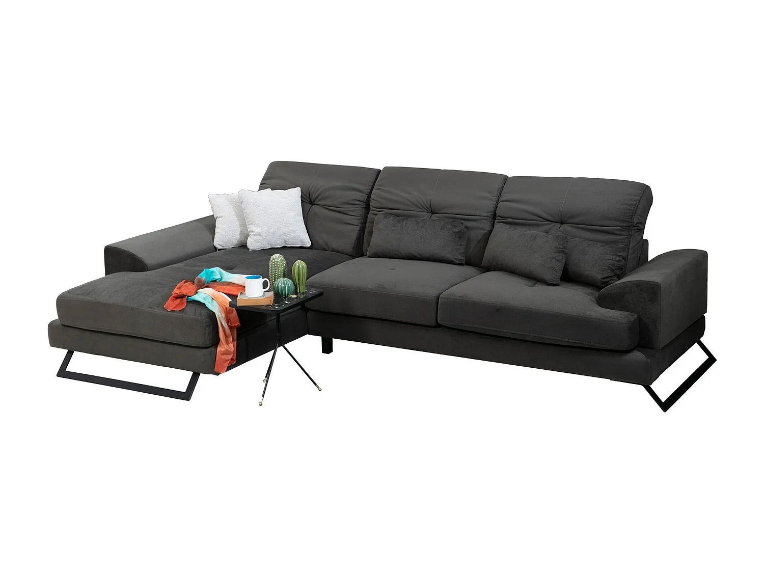 Canapé d'angle gauche velours anthracite avec têtières relevables et pieds metal noir Briko 308cm