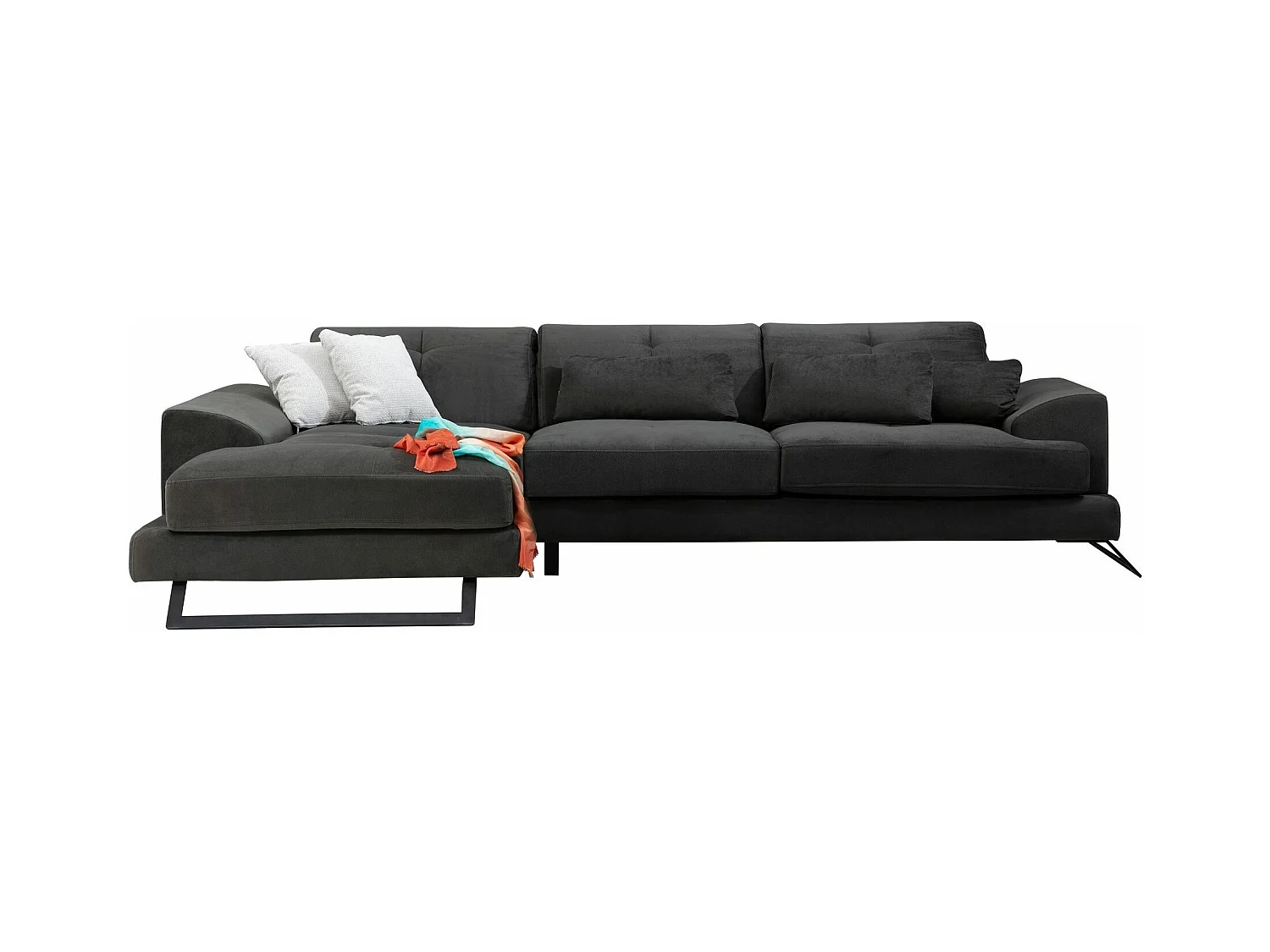 Canapé d'angle gauche velours anthracite avec têtières relevables et pieds metal noir Briko 308cm
