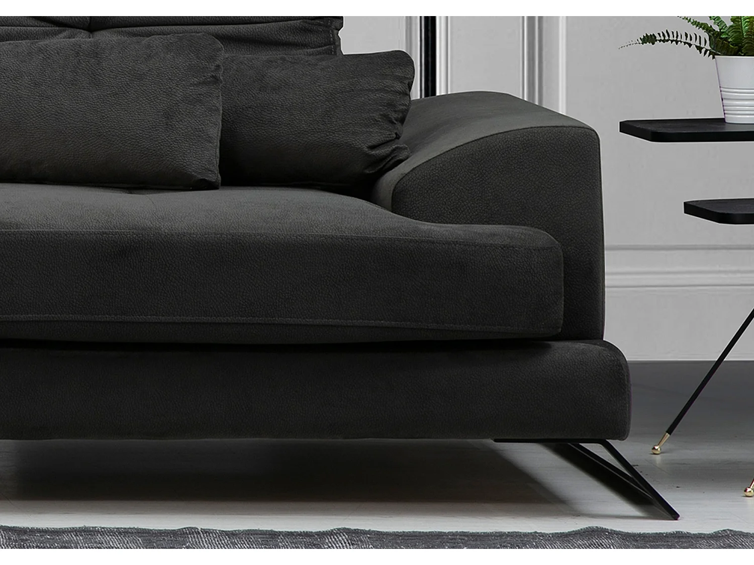 Hoekbank links antraciet fluweel met opklapbare hoofdsteunen en zwart metalen poten Briko 308 cm