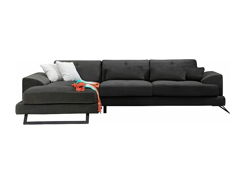 Hoekbank links antraciet fluweel met opklapbare hoofdsteunen en zwart metalen poten Briko 308 cm