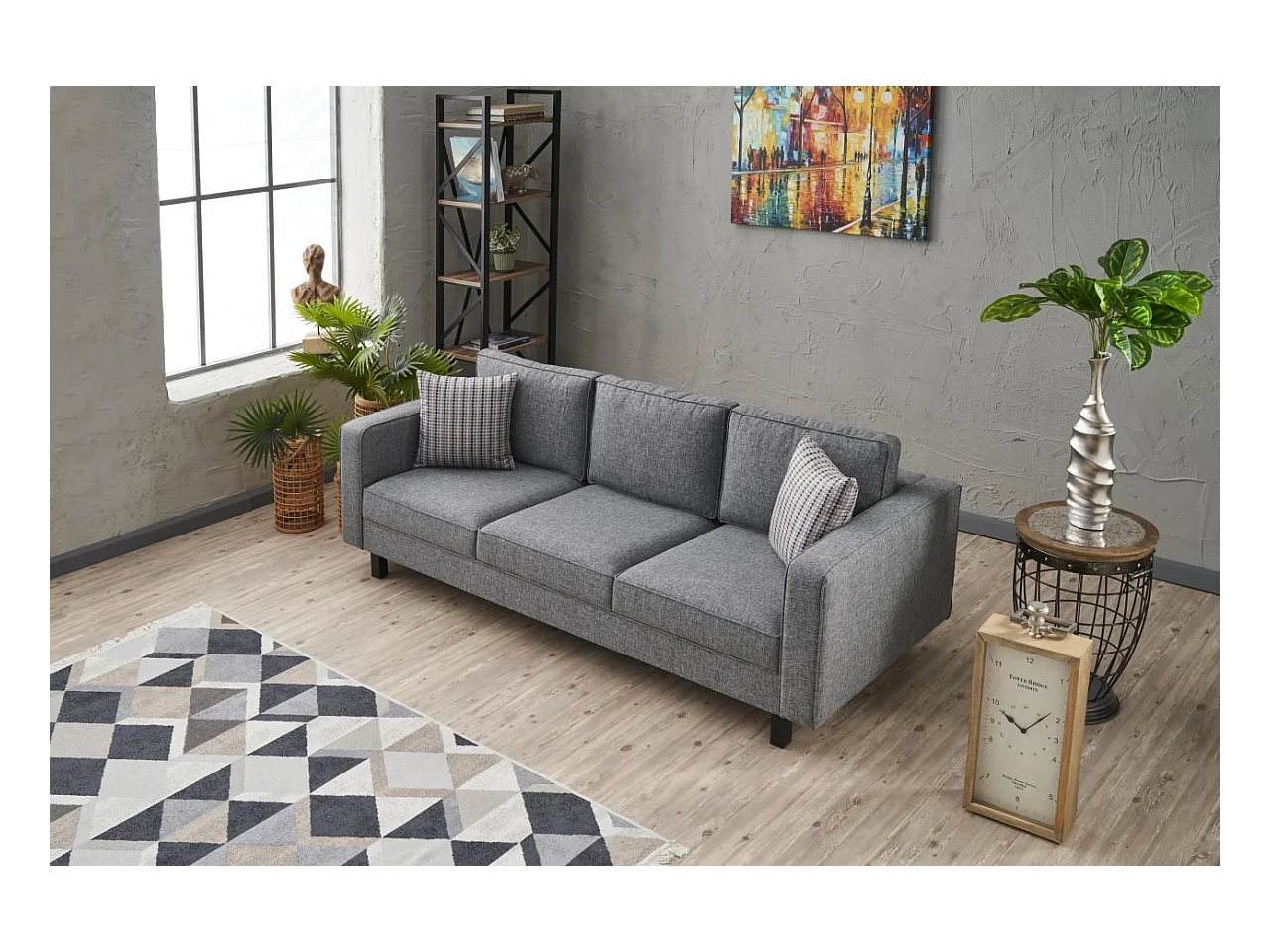 Canapé classique 3 places tissu gris Kalena 222cm