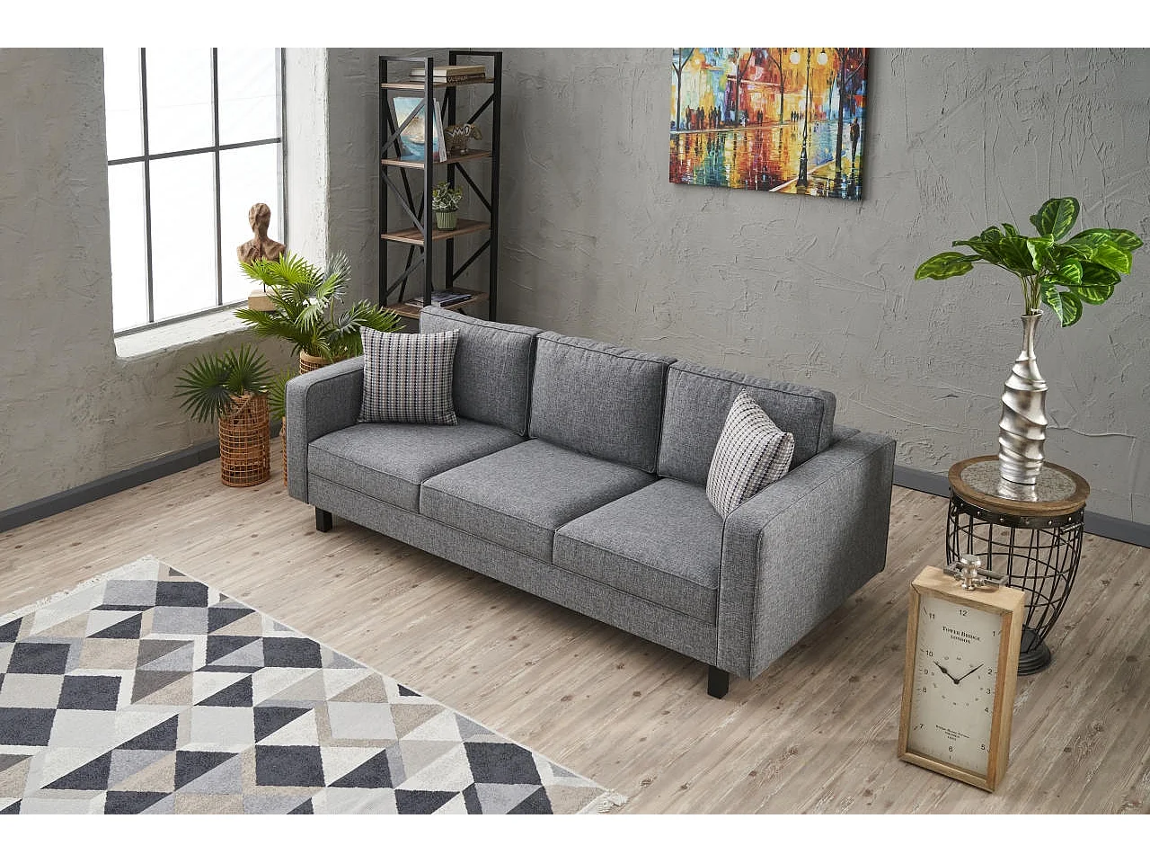 Canapé classique 3 places tissu gris Kalena 222cm