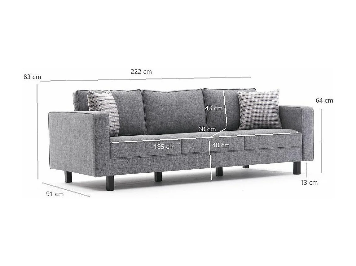 Canapé classique 3 places tissu gris Kalena 222cm