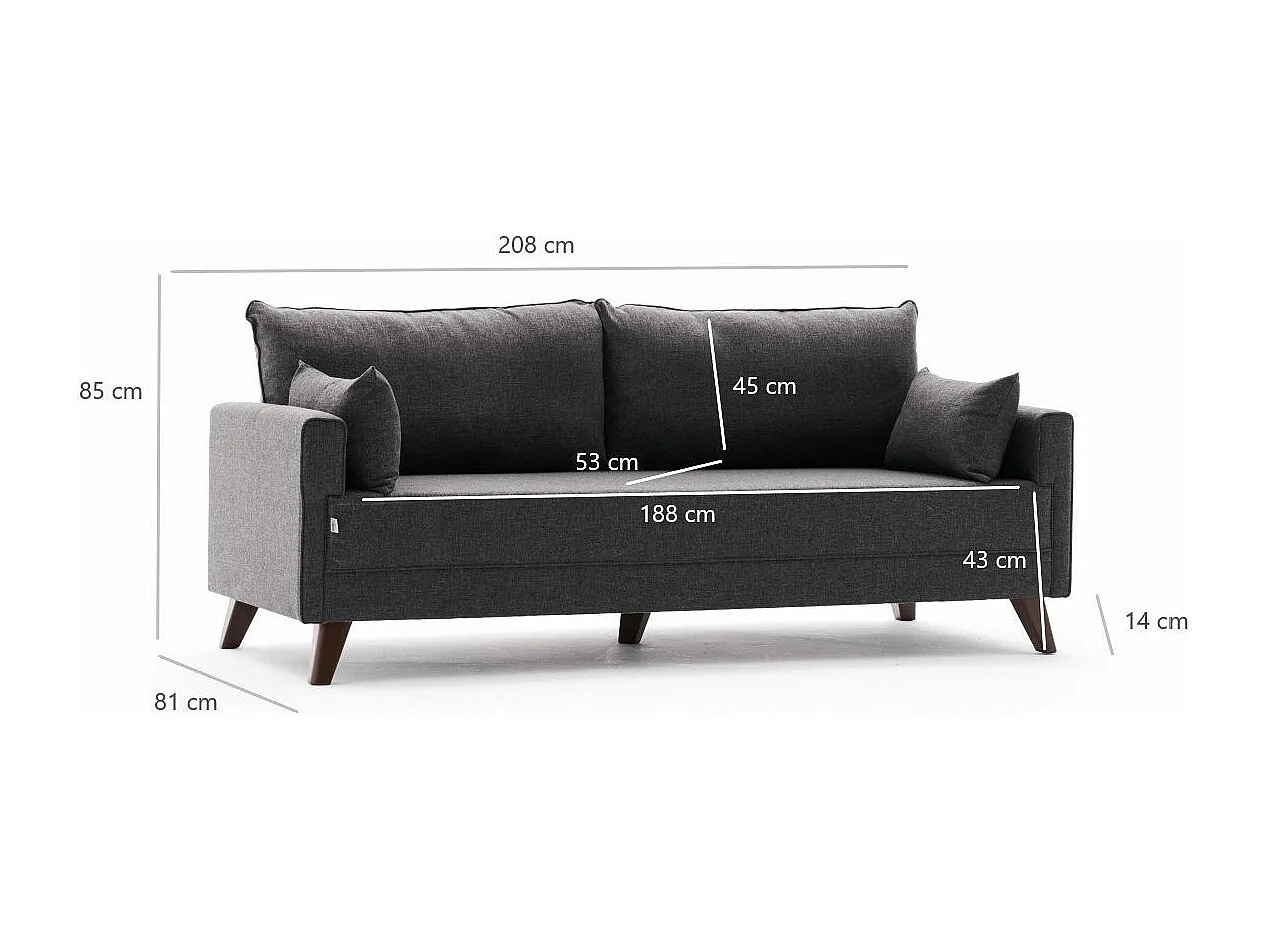 Canapé 3 places tissu gris foncé Kandy 208cm