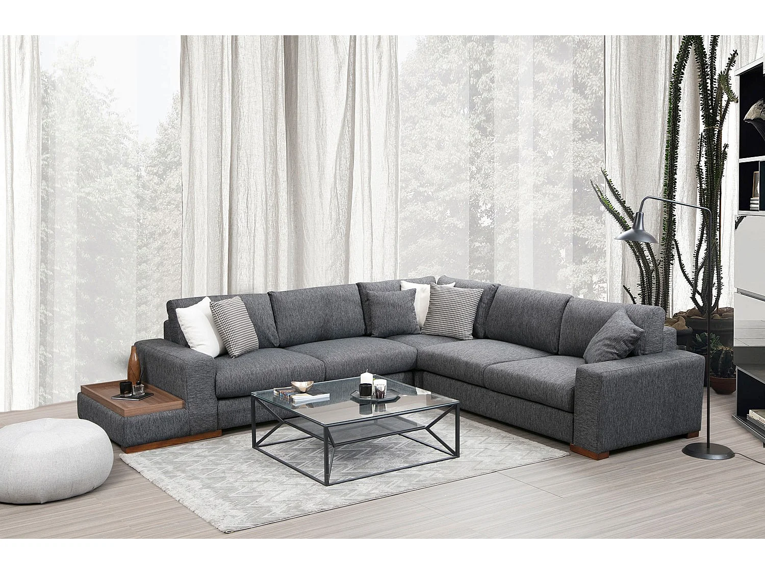 Canapé d'angle tissu anthracite avec étagère en bois sur la gauche Kaloé 323cm