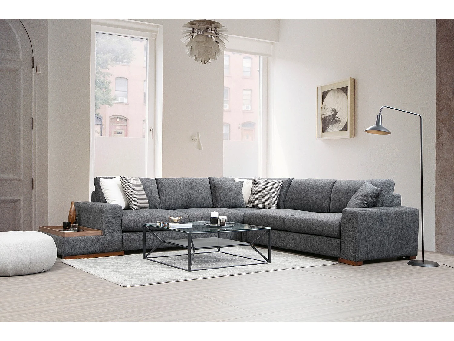 Canapé d'angle tissu anthracite avec étagère en bois sur la gauche Kaloé 323cm