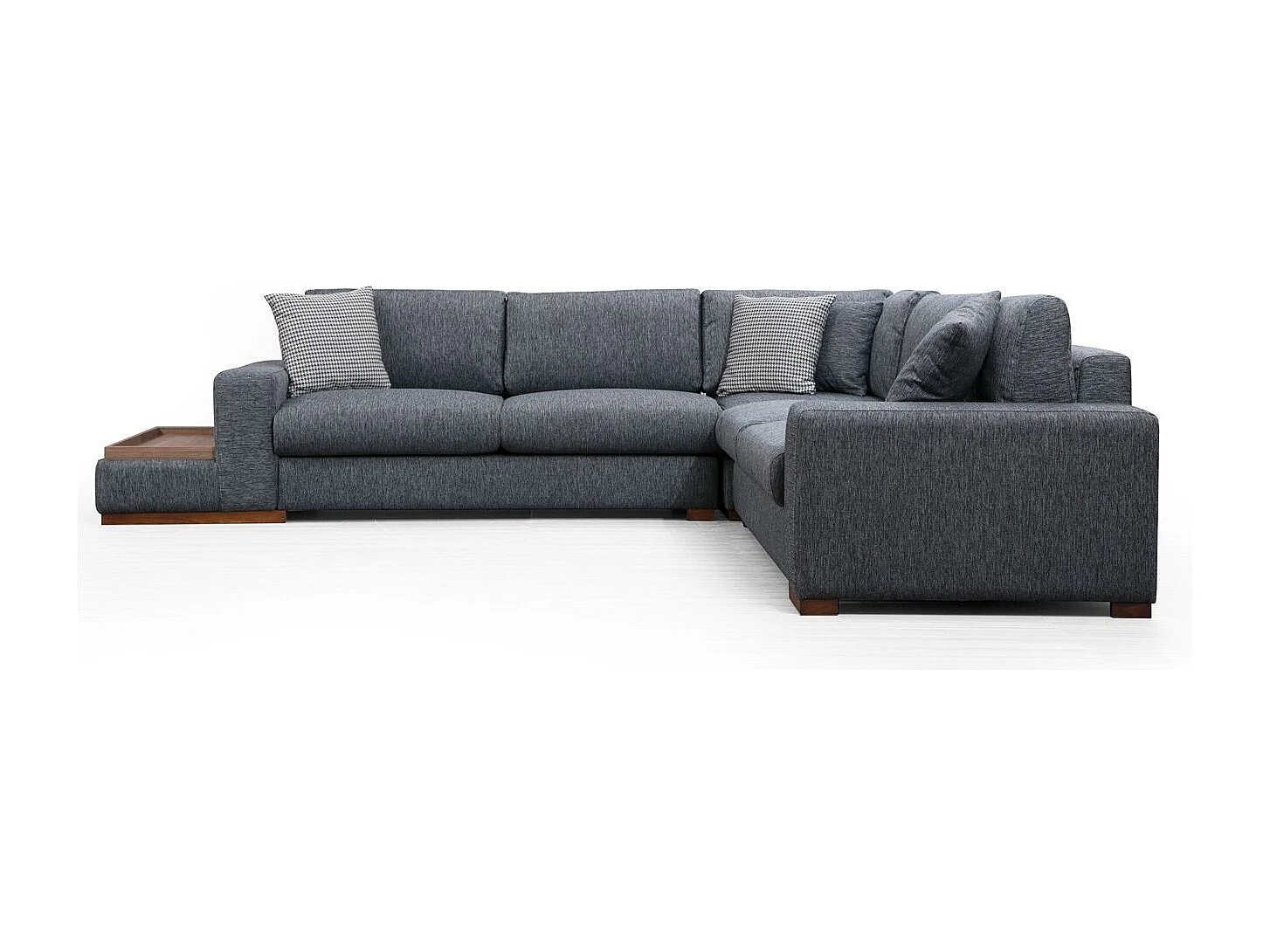 Canapé d'angle tissu anthracite avec étagère en bois sur la gauche Kaloé 323cm