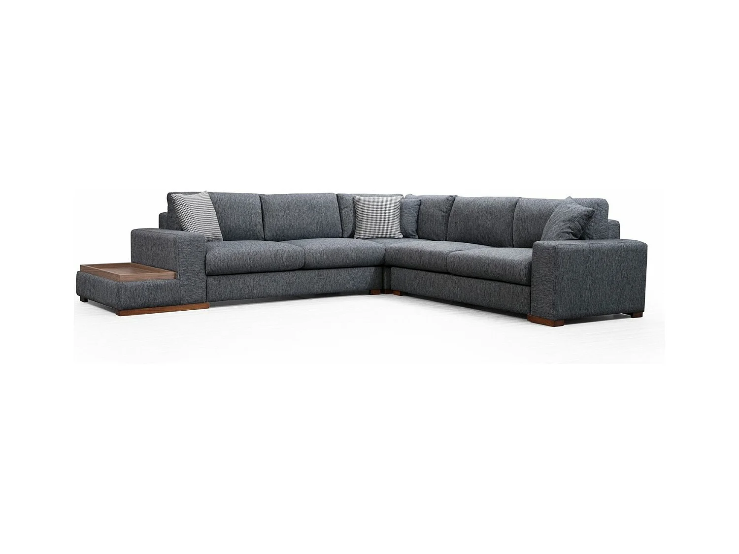 Canapé d'angle tissu anthracite avec étagère en bois sur la gauche Kaloé 323cm