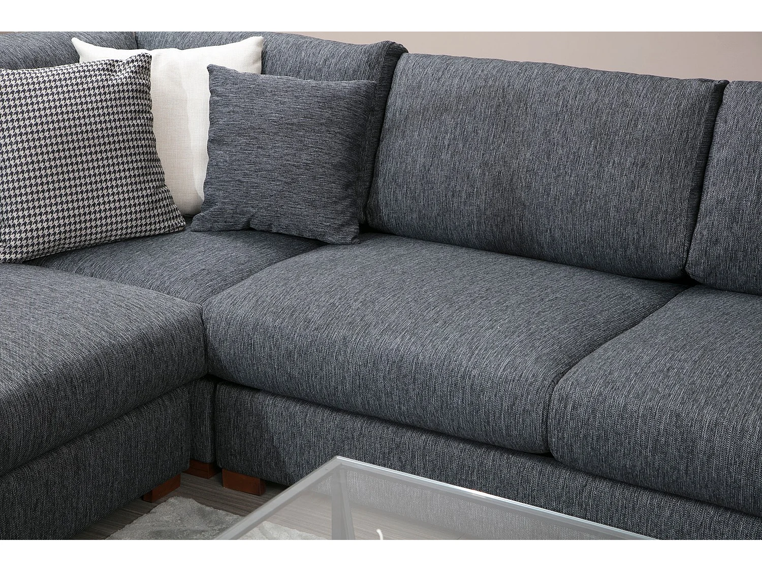 Canapé d'angle tissu anthracite avec étagère en bois sur la gauche Kaloé 323cm