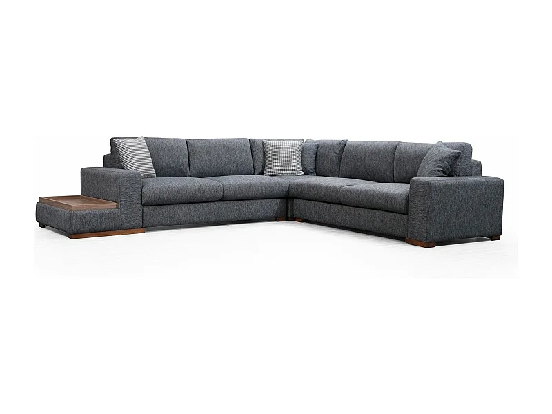 Canapé d'angle tissu anthracite avec étagère en bois sur la gauche Kaloé 323cm