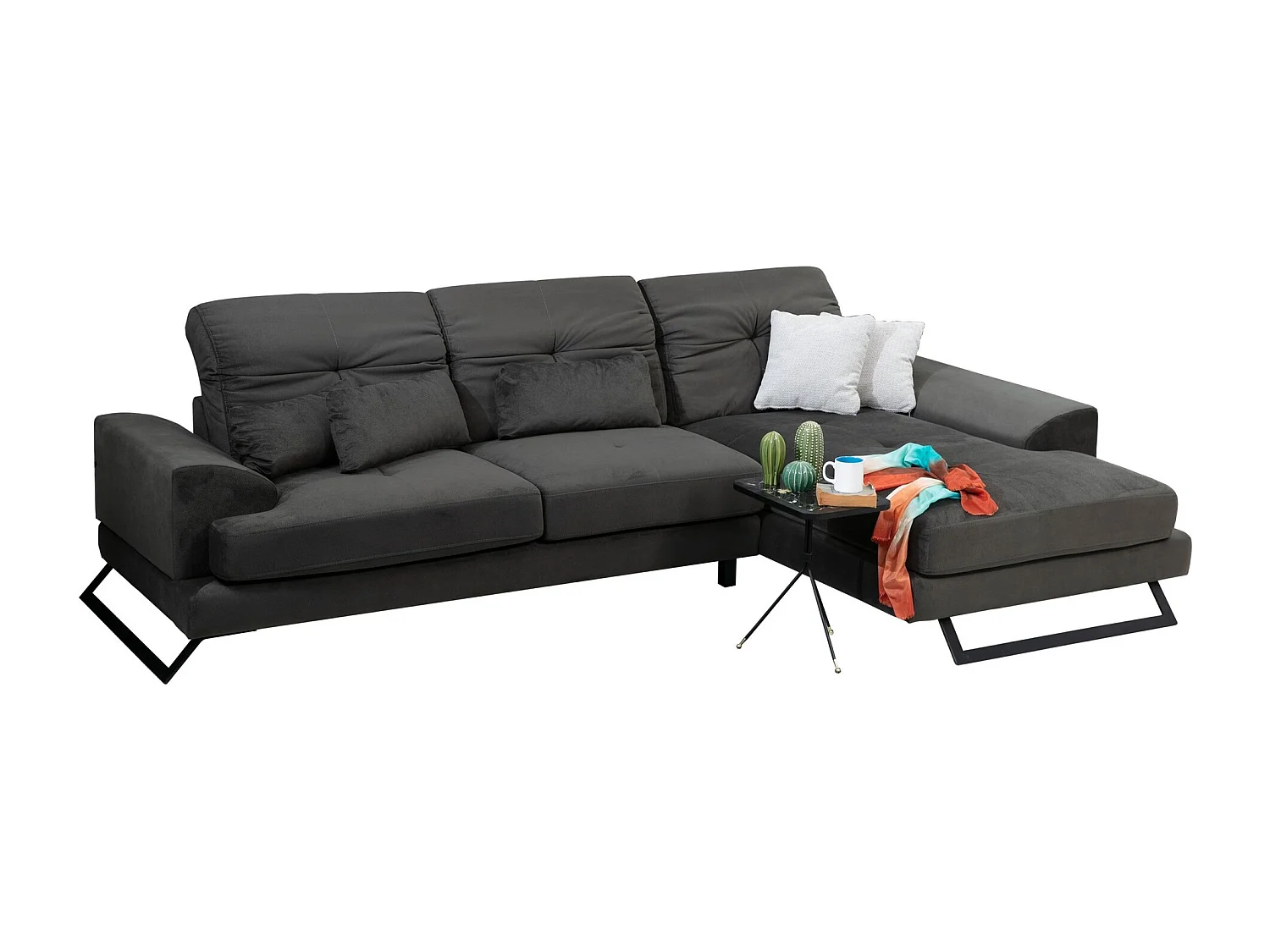 Canapé d'angle droit velours anthracite avec têtières relevables et pieds metal noir Briko 308cm