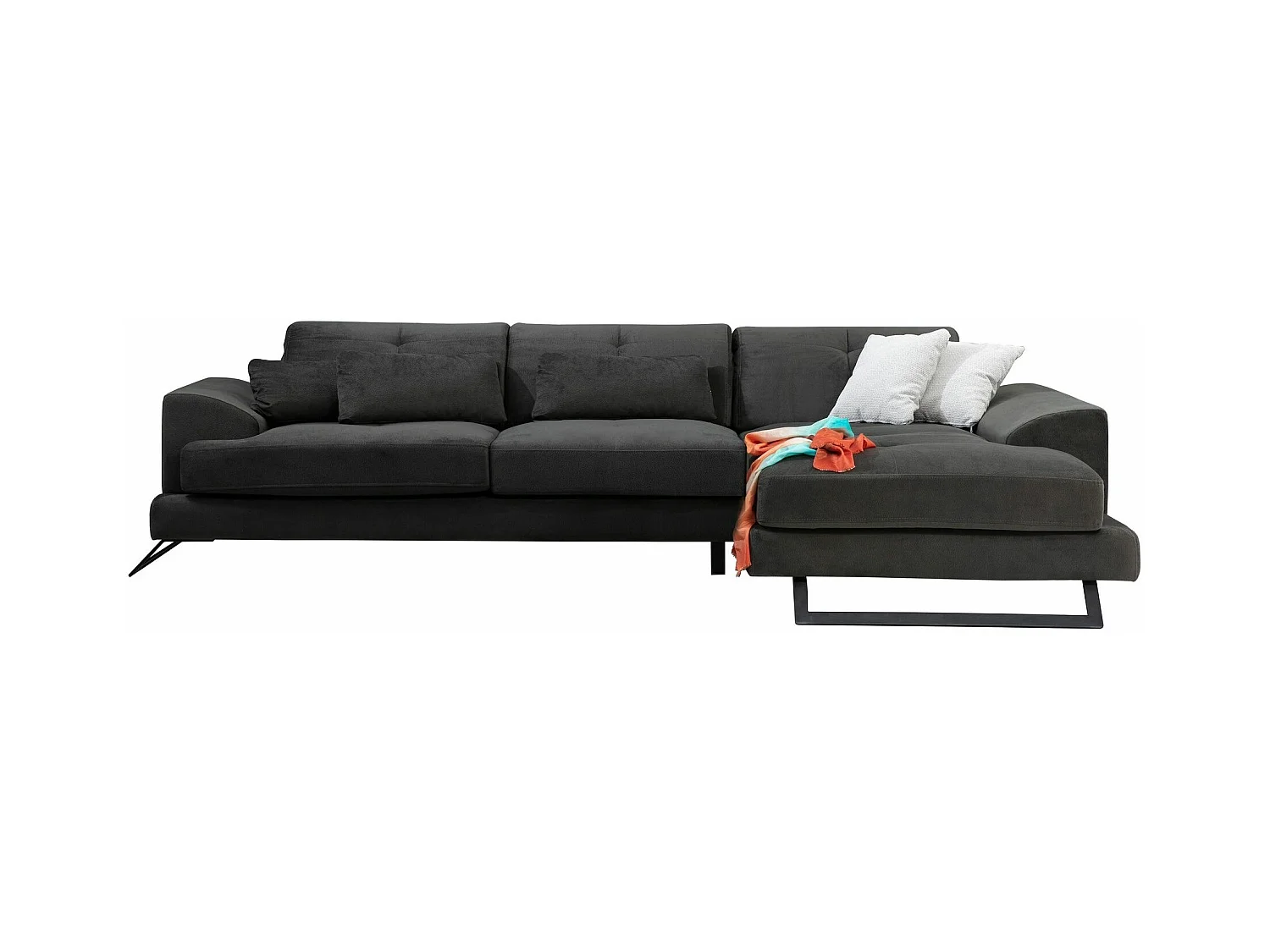Canapé d'angle droit velours anthracite avec têtières relevables et pieds metal noir Briko 308cm
