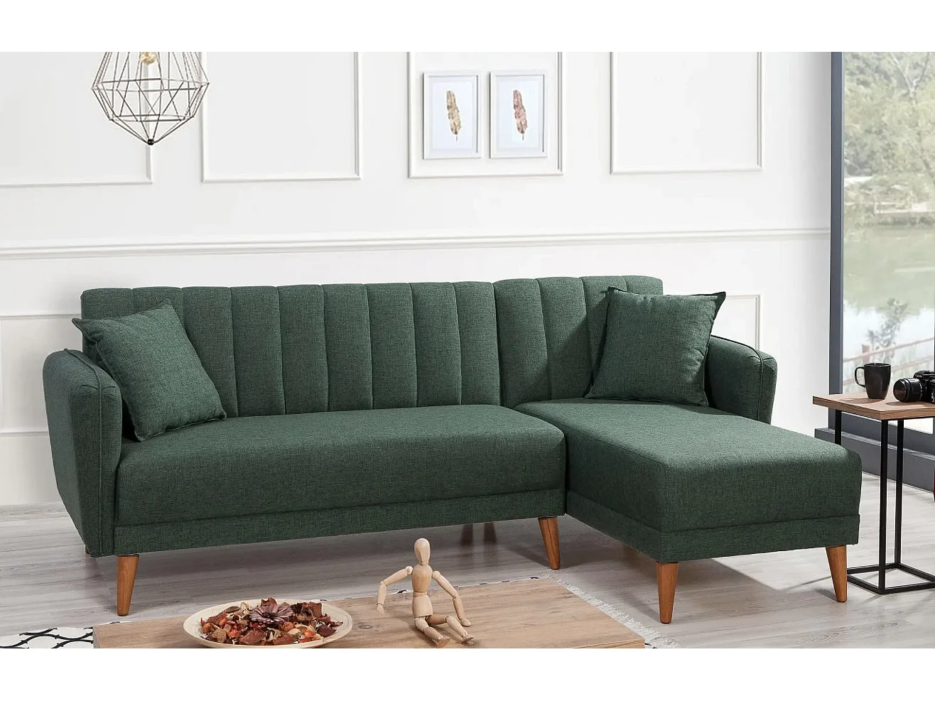 Canapé d'angle à droite convertible lin vert Bompart 225cm