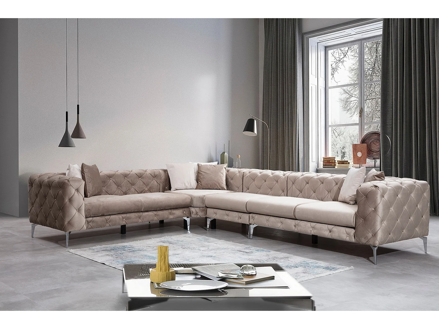 Canapé d'angle gauche capitonné velours crème et pieds chromés Herakles 270cm