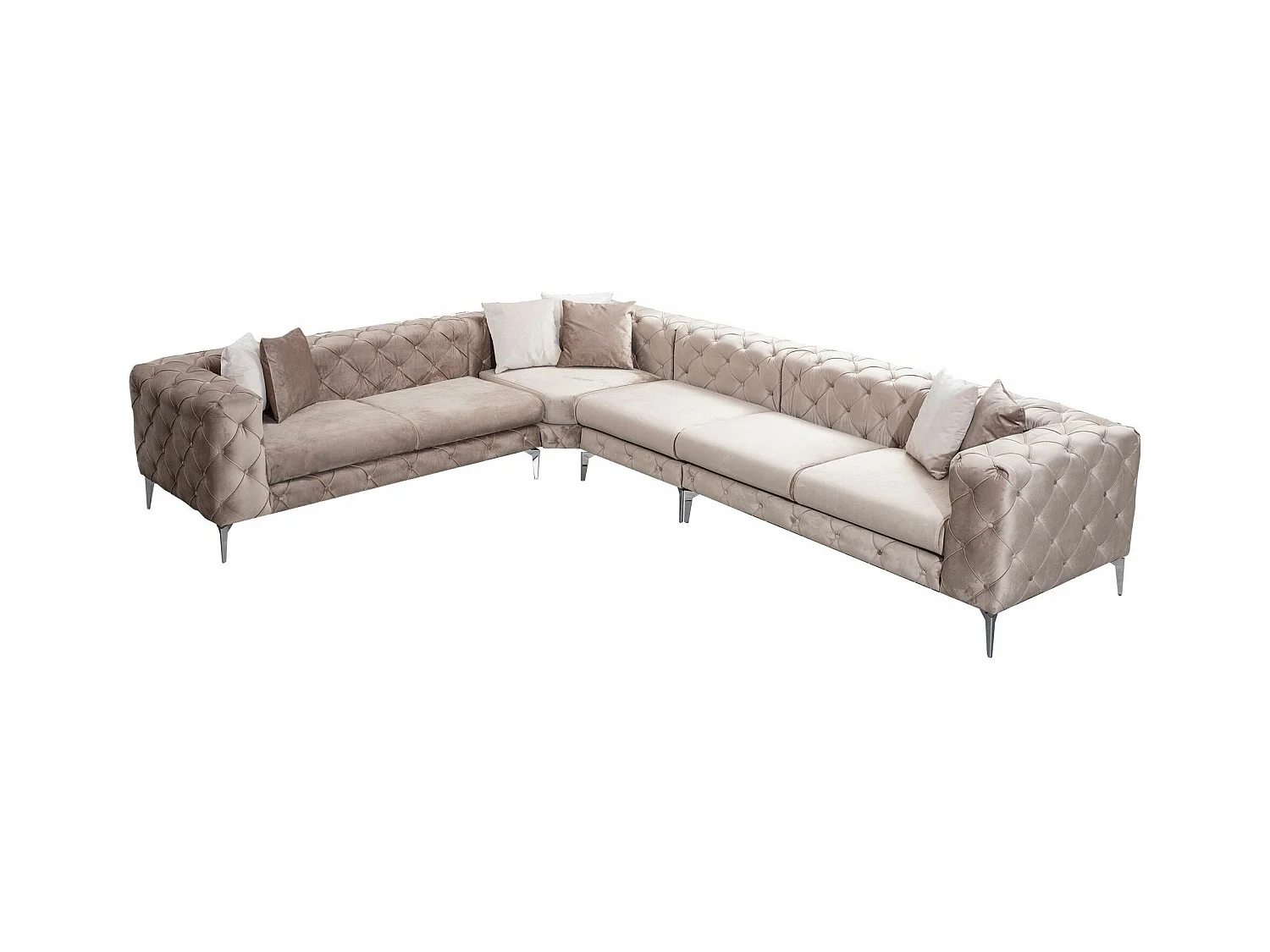 Canapé d'angle gauche capitonné velours crème et pieds chromés Herakles 270cm