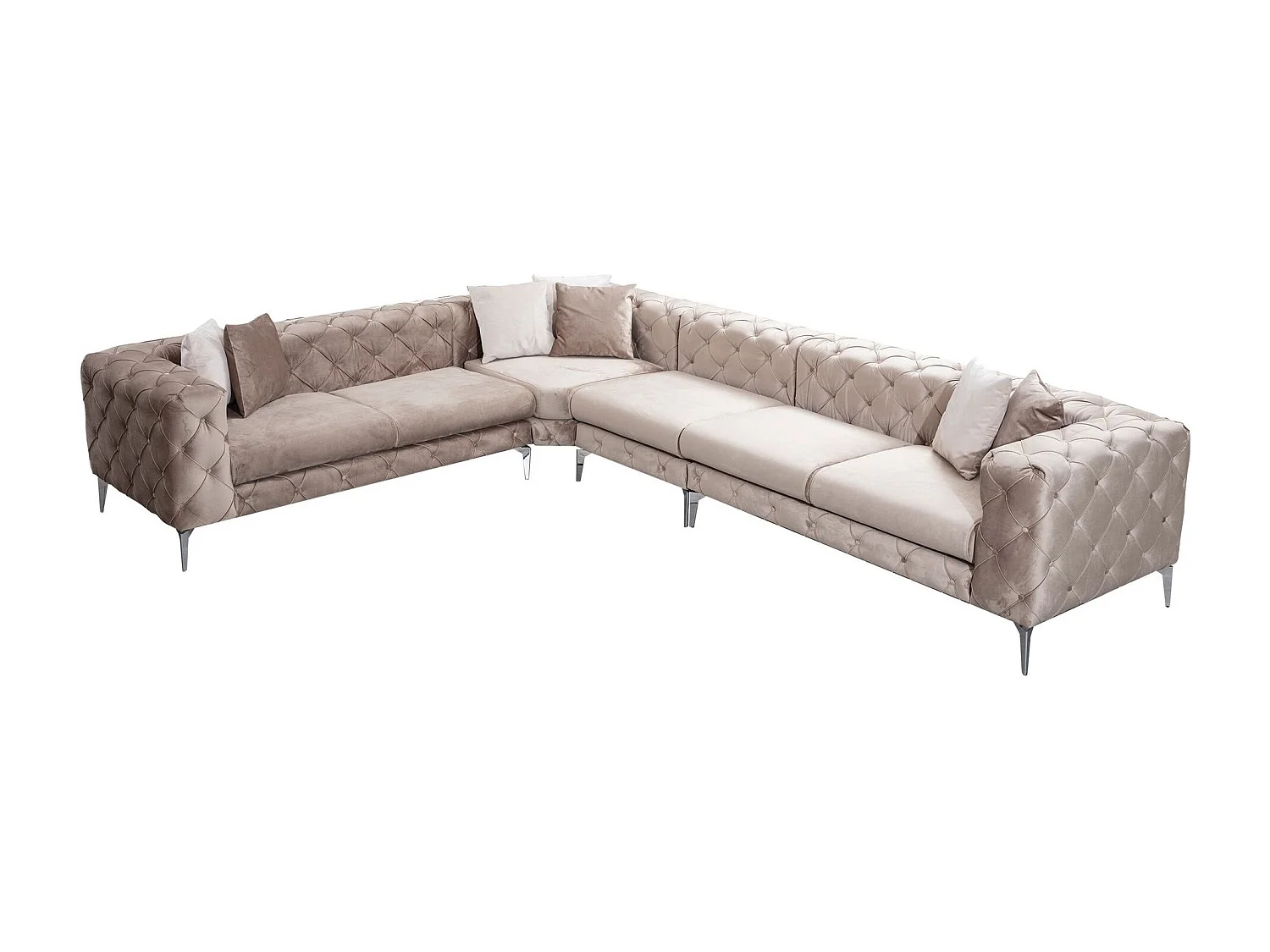 Canapé d'angle gauche capitonné velours crème et pieds chromés Herakles 270cm