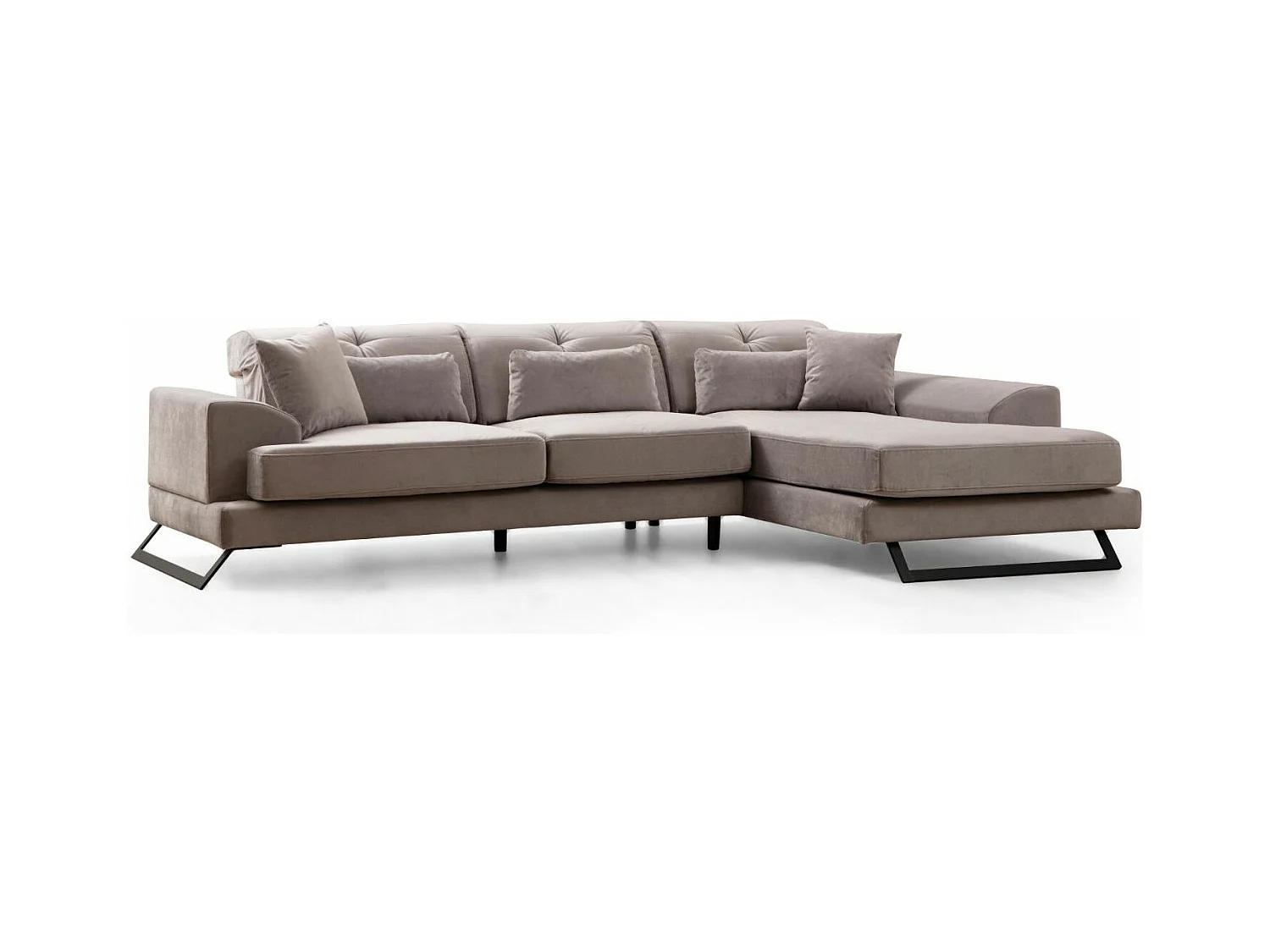 Canapé d'angle droit velours gris avec têtières relevables et pieds metal noir Briko 308cm