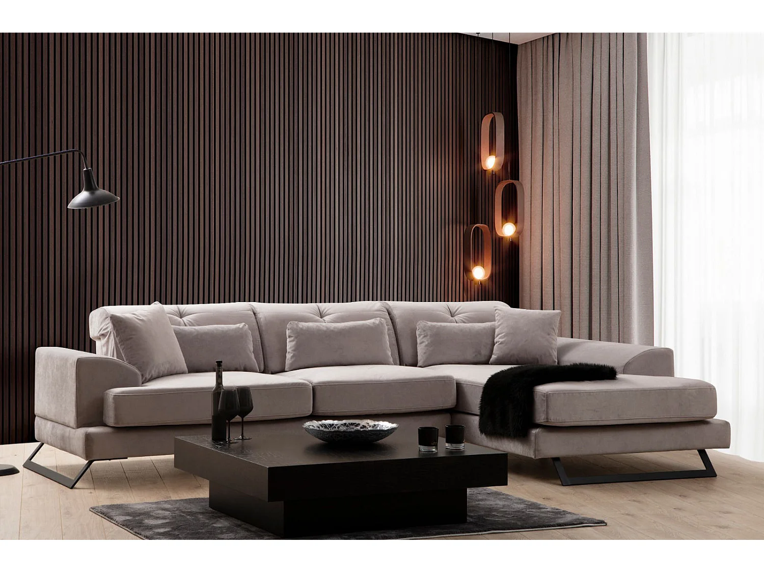 Canapé d'angle droit velours gris avec têtières relevables et pieds metal noir Briko 308cm