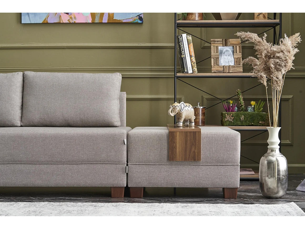 Uitklapbare hoekbank en 2 poefs in stof Tikona, 280 cm-Kleur Licht beige-linkerhoek