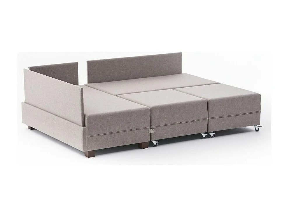 Uitklapbare hoekbank en 2 poefs in stof Tikona, 280 cm-Kleur Licht beige-linkerhoek