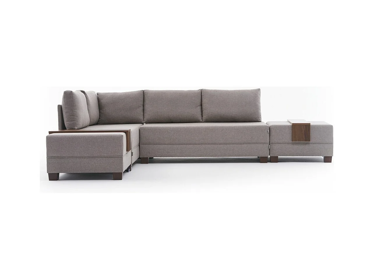 Canapé d'angle convertible et 2 poufs tissu Tikona 280cm-Beige clair-angle gauche