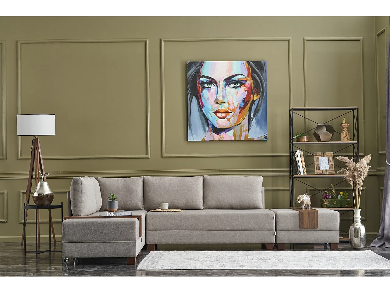 Canapé d'angle convertible et 2 poufs tissu Tikona 280cm-Beige clair-angle gauche