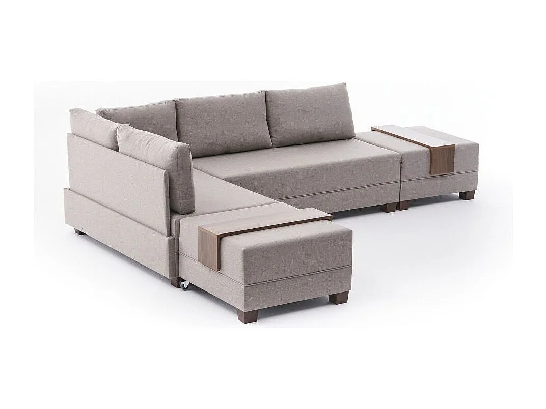 Canapé d'angle convertible et 2 poufs tissu Tikona 280cm-Beige clair-angle gauche