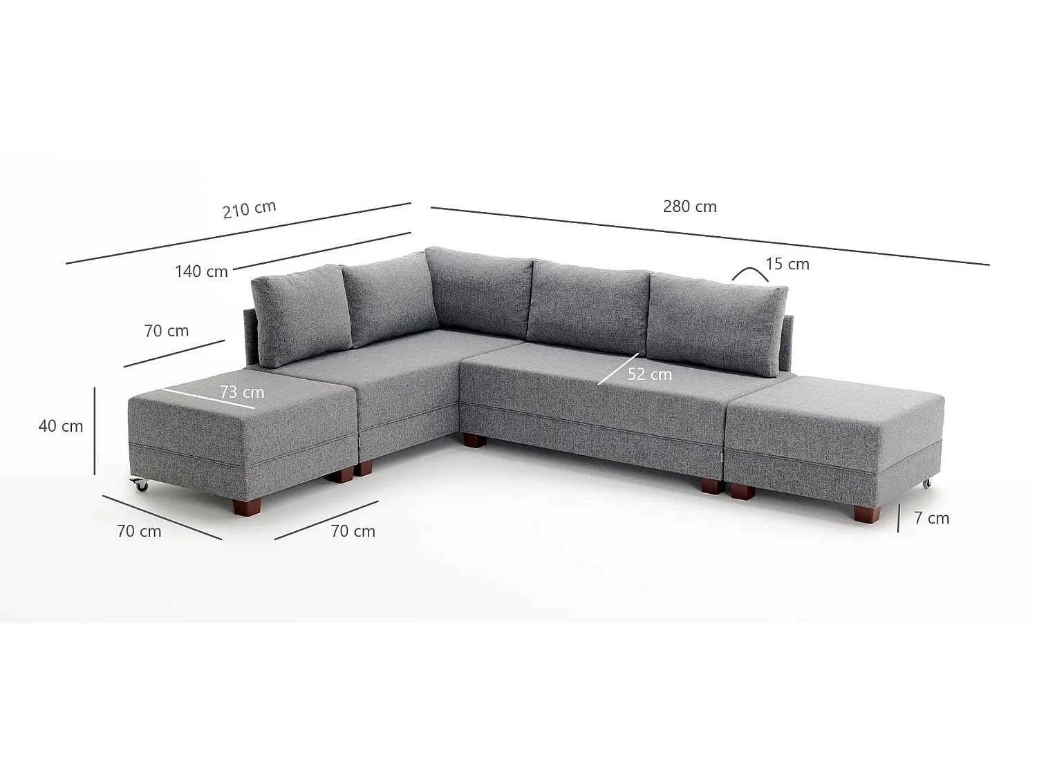 Canapé d'angle convertible et 2 poufs tissu Tikona 280cm-Beige clair-angle gauche