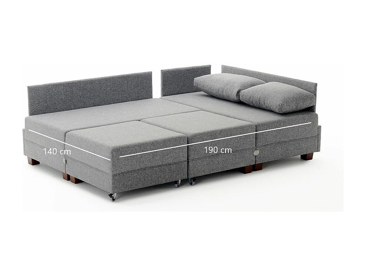 Canapé d'angle convertible et 2 poufs tissu Tikona 280cm-Beige clair-angle gauche